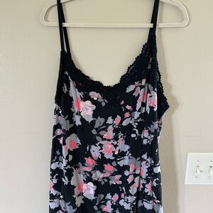 Lane Bryant Black Lace Trim Floral Cami with Pink & Gray Blooms